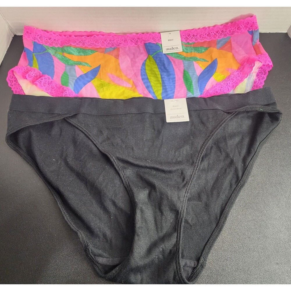 2pc Auden Women's Underwear Geometric W/ Pink Lace & Black Bikini Mid Rise XL